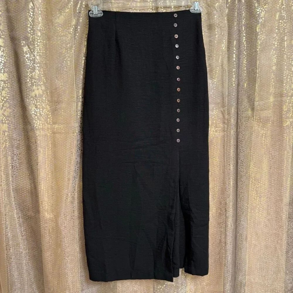 Active USA Black Button Up Side Slit Maxi Skirt Small NWT